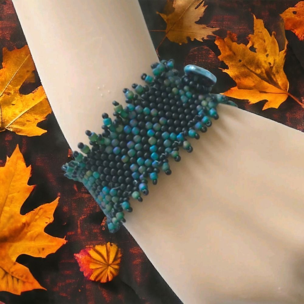 Hand Beaded Seed Bead Bracelet Wrap Cuff Blue Black Boho Artisan Statement‎ Y2K